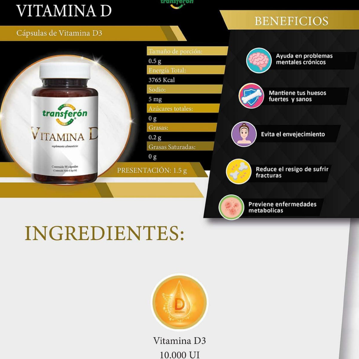 Vitamina D 10,000 UI 60 cápsulas.