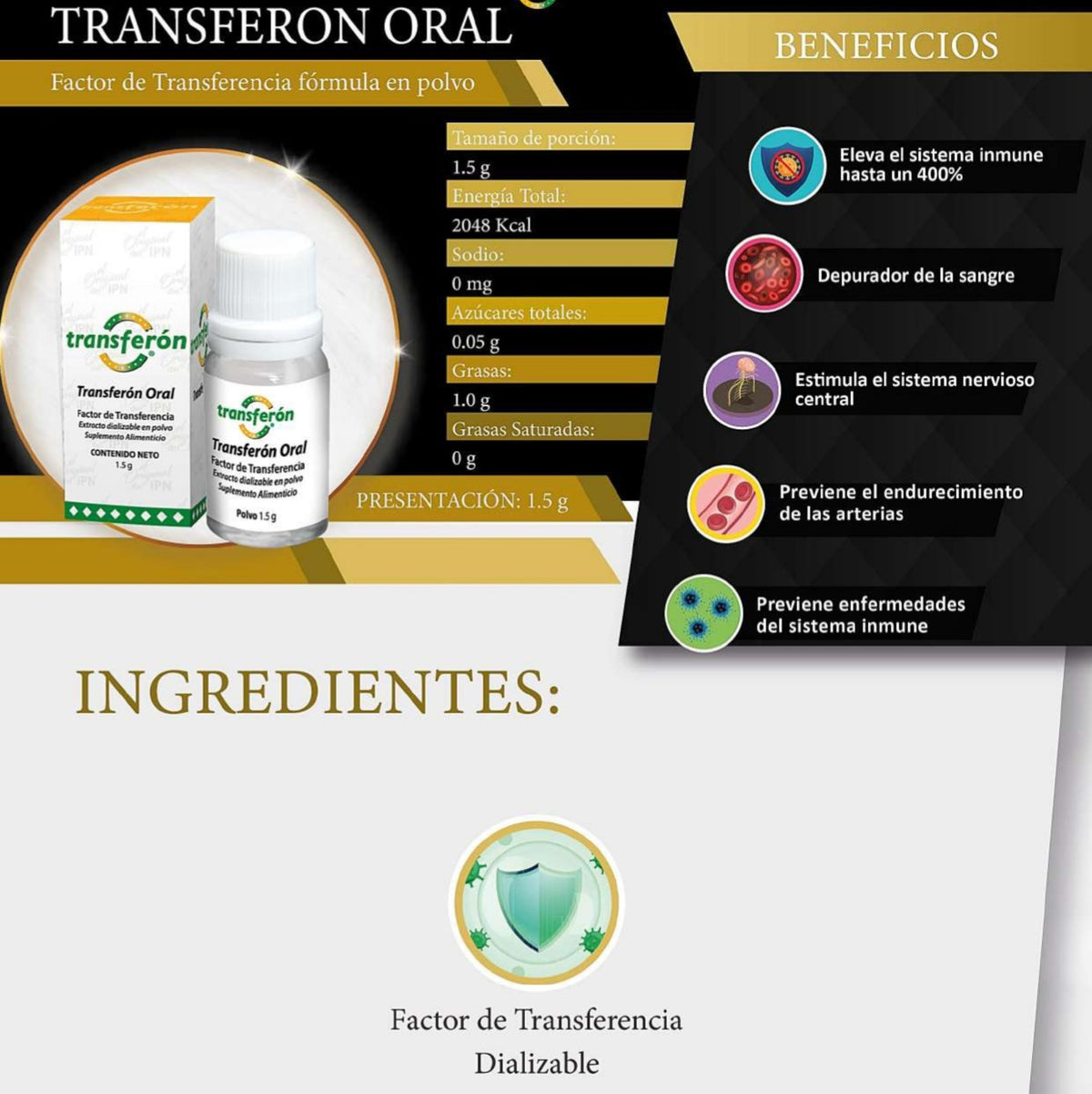 TRANSFERON ORAL FACTOR DE TRANSFERENCIA EXTRACTO DIALIZABLE EN POLVO 1.5G