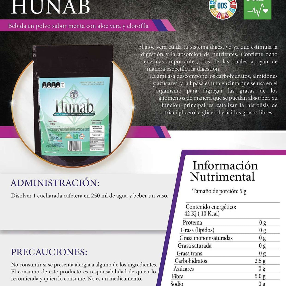 Hunab - Bebida Digestiva de Aloe Vera, Clorofila y Menta (30 g)