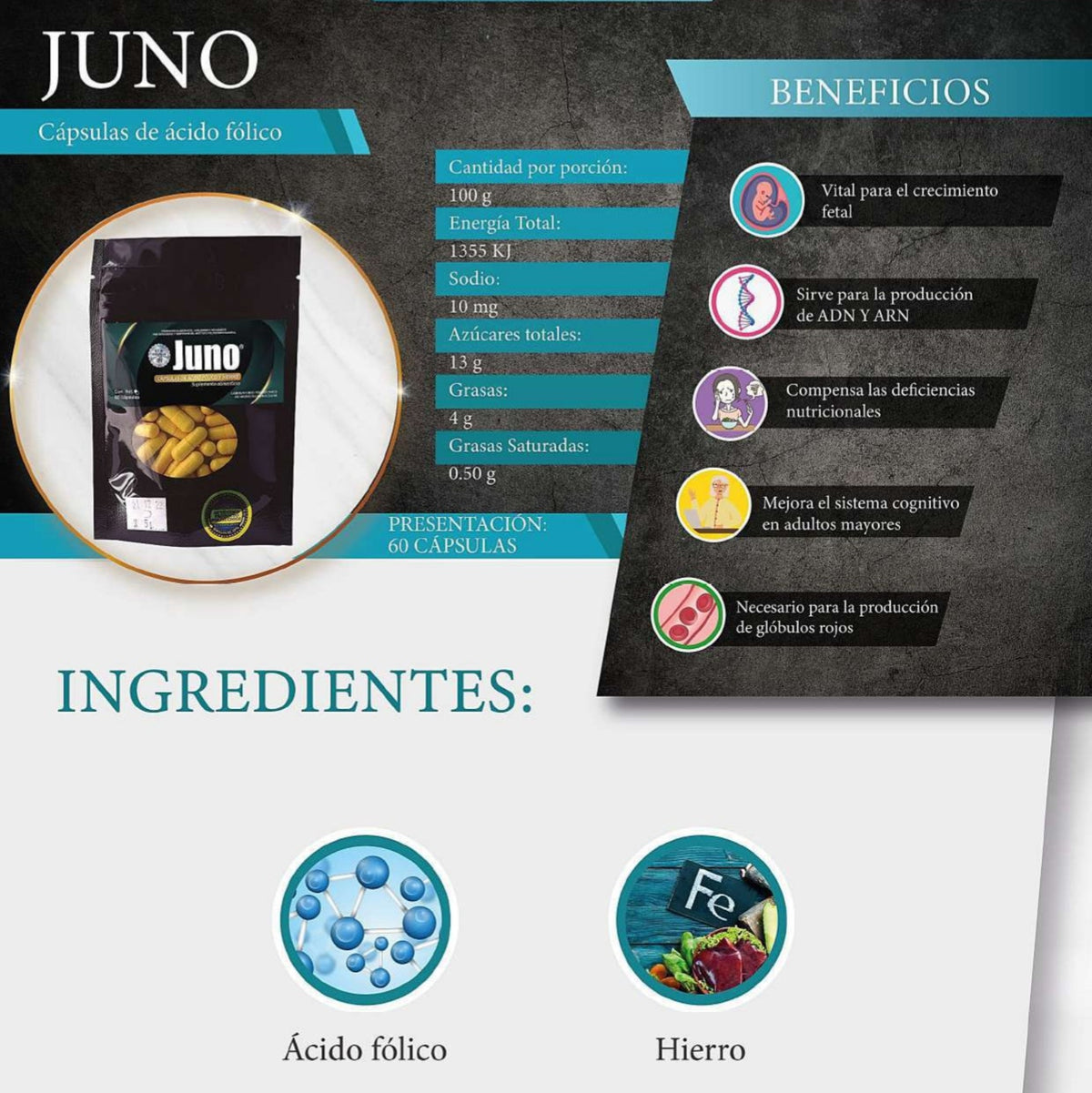 Juno - Ácido Fólico y Hierro (60 Cápsulas)