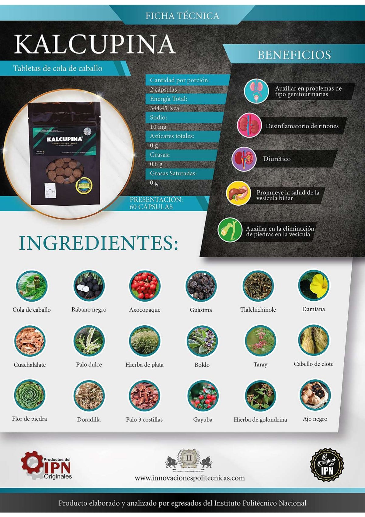 Kalcupina - Diurético, Desinflamatorio de Riñones, y Salud Hepática (60 Tabletas)
