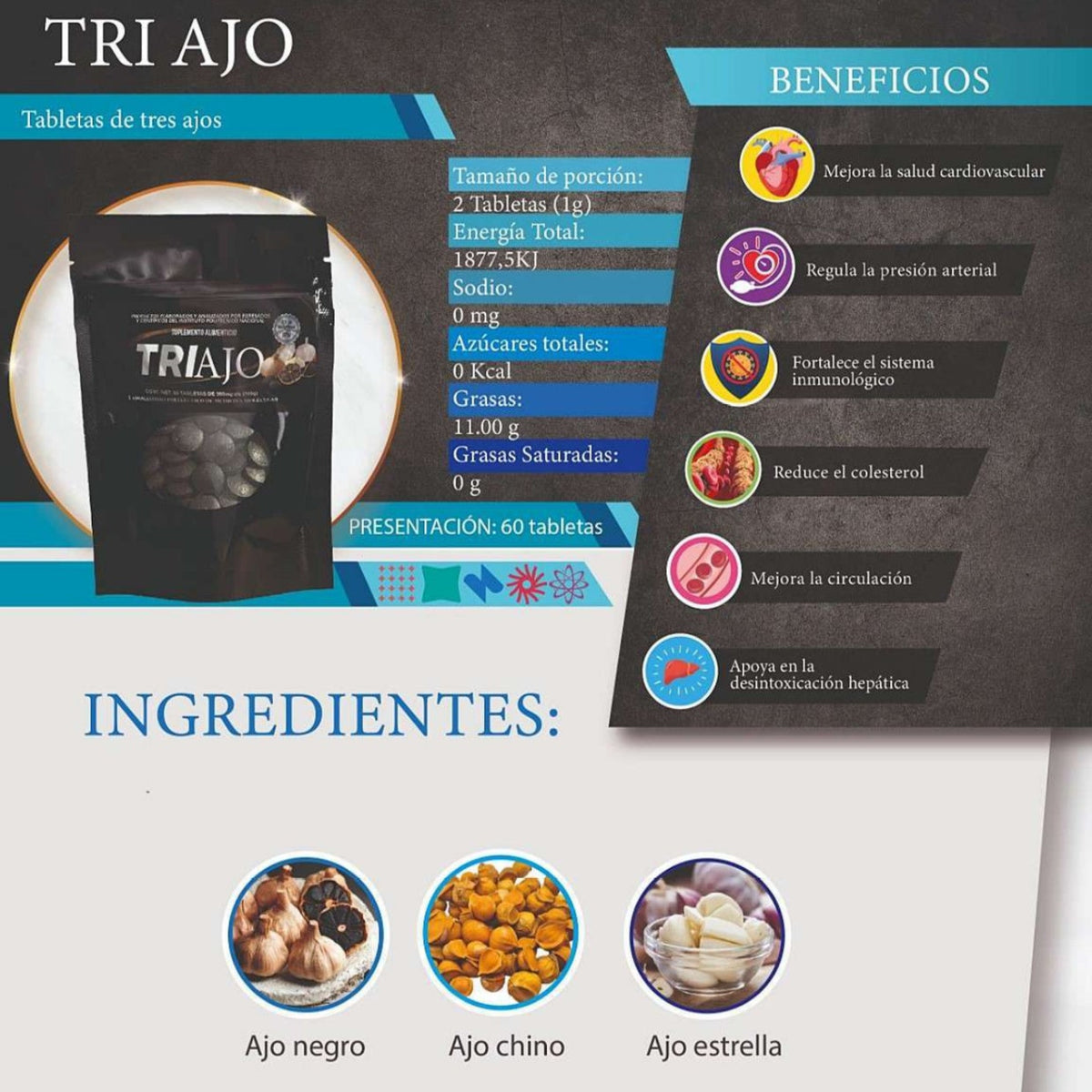 Triajo Ajo Negro, Chino y Estrella 60 tabletas